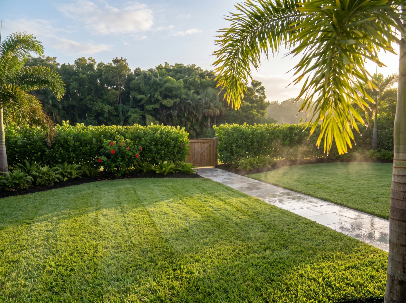 AI illustration of a wet lawn and path after an afternoon rain